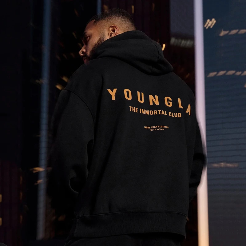 Youngla Men's Oversized Pullover Hoodie Double Layer Composite Fabric Printed Jacket Sports Fitness Sweatshirt