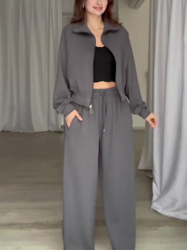Autumn 2024 New European and American Amazon Solid Color Baseball Suit Cardigan Sports Wide Leg Pants Fashion Two-Piece Set