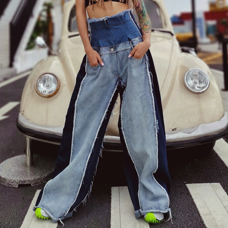 Fashion Trendy Women's Jeans 2026 New High-Waisted Loose Slimming Color-Blocked Long Flared Pants Floor-Length Trendy Pants