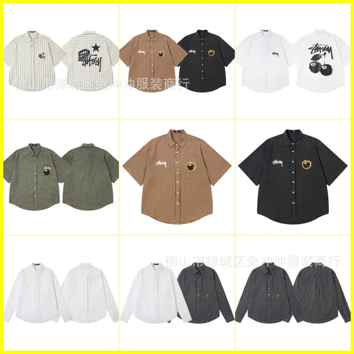 Original label stu Stu classic flame black eight printed collar short-sleeved shirt 25 summer new men and women with the same models