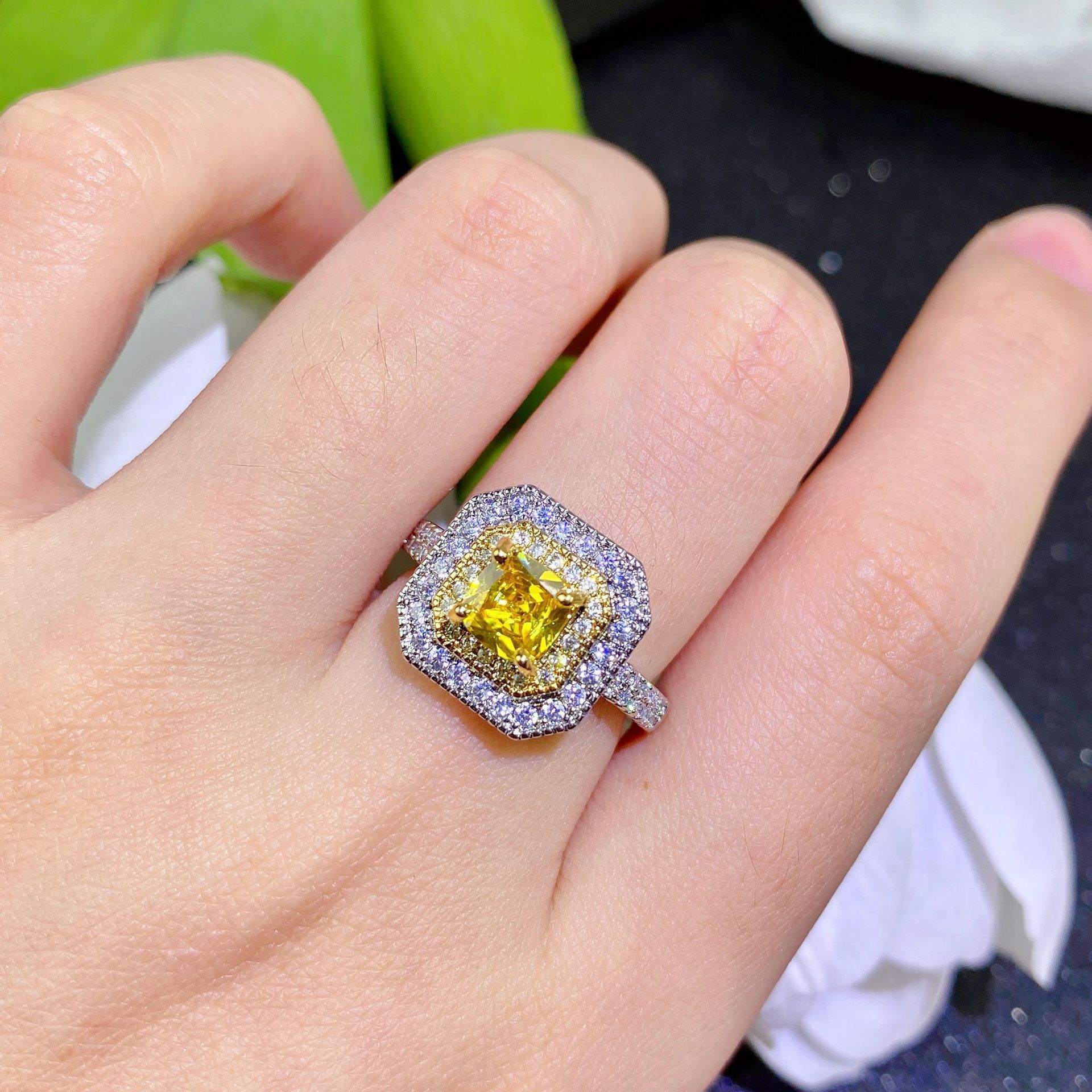 TikTok Live Luxury Micro Set Square Yellow Zircon Engagement Ring Plated pt950 Platinum Open Female Ring