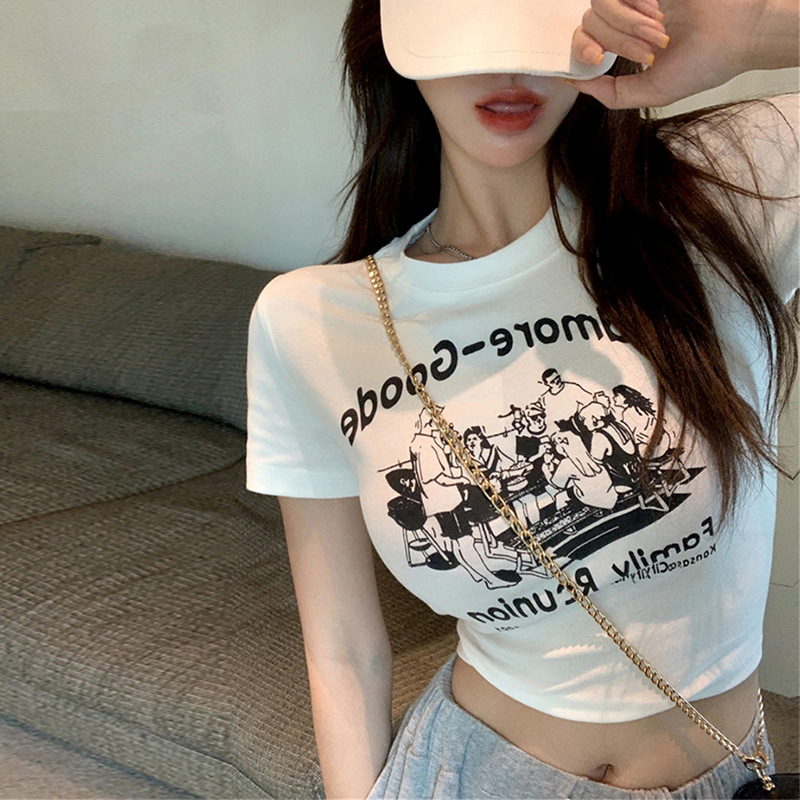 American Style Retro Printed Shoulder Short T-Shirt Women's Summer New Slim-fit Slimming Spice Girls Short-sleeved Cropped Top for Women