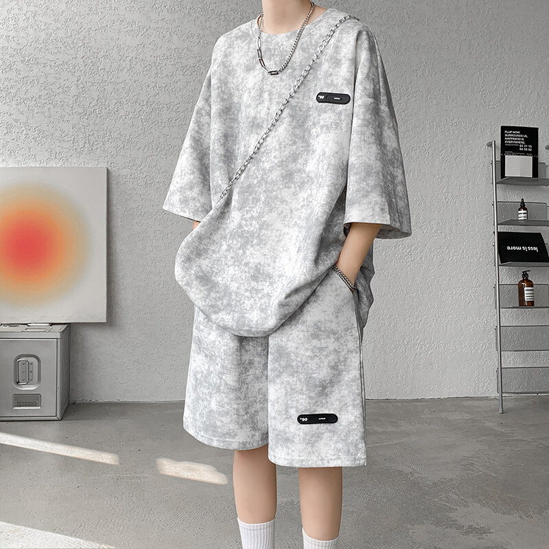 American High Street T-Shirt Shorts Men's Summer Suit Cool and Handsome Outfit Large Size Tie-Dye Dirty T-Shirt Couple Two-Piece Set