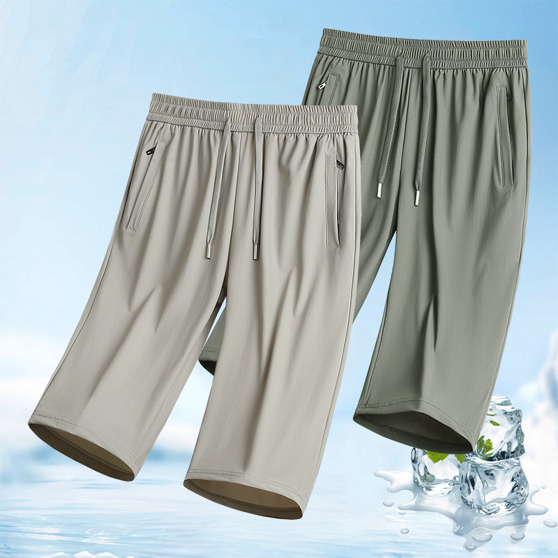 Cross-Border Summer Men's Cropped Pants, Dad-Style Ice Silk Quick-Dry Pants, Plus-Size Trendy Men's Pants