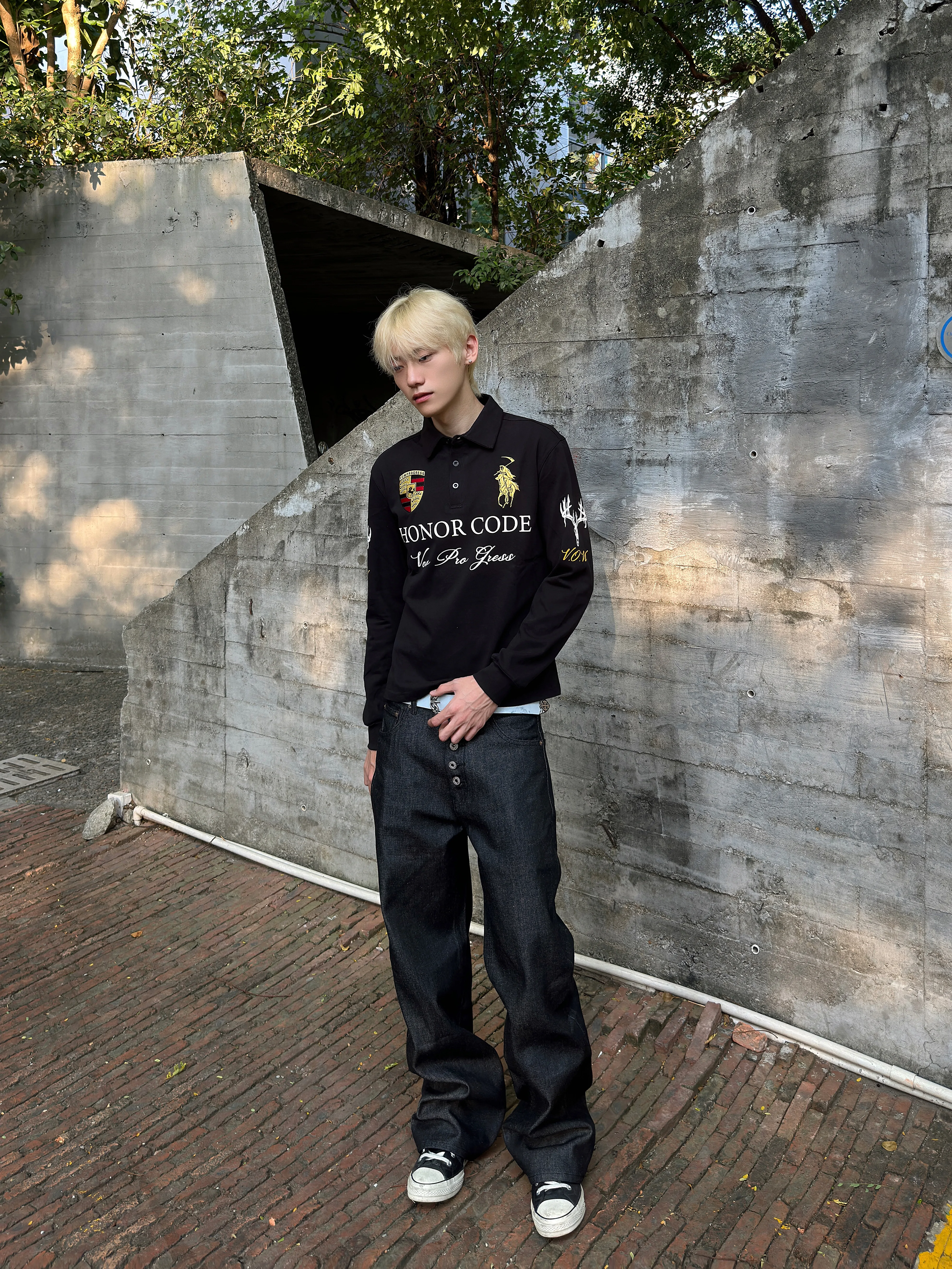 Vowprogress "Deer Hunter" Ghost Rider Gilded Waist-Cinching Embroidered Racing Polo Long Sleeve
