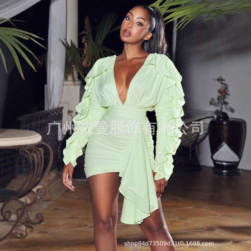 European and American Style Commuter Short Skirt Solid Color Dress Birthday Dress Banquet Sexy Slim Clearance Non-Returnable