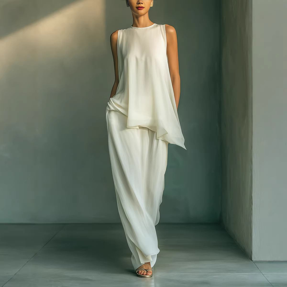 2026 Amazon Cross-Border Independent Site Foreign Trade European and American Casual Fashion Loose Solid Color Sleeveless Top Wide-Leg Pants