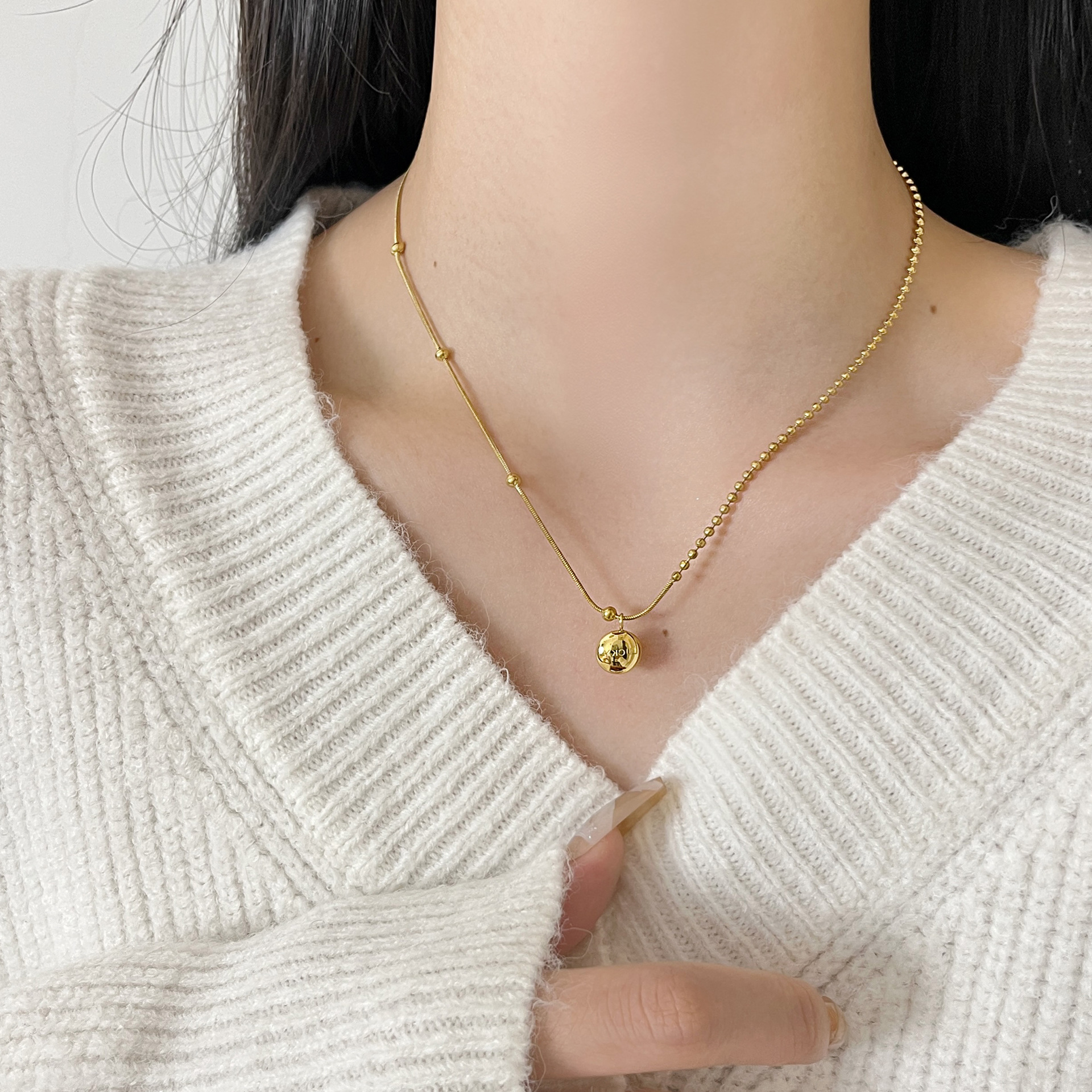 Versatile and Stylish Round Snake Chain Bead Splicing Titanium Steel Necklace with Fashionable Lucky Letter Pendant Clavicle Chain 2026 New Model