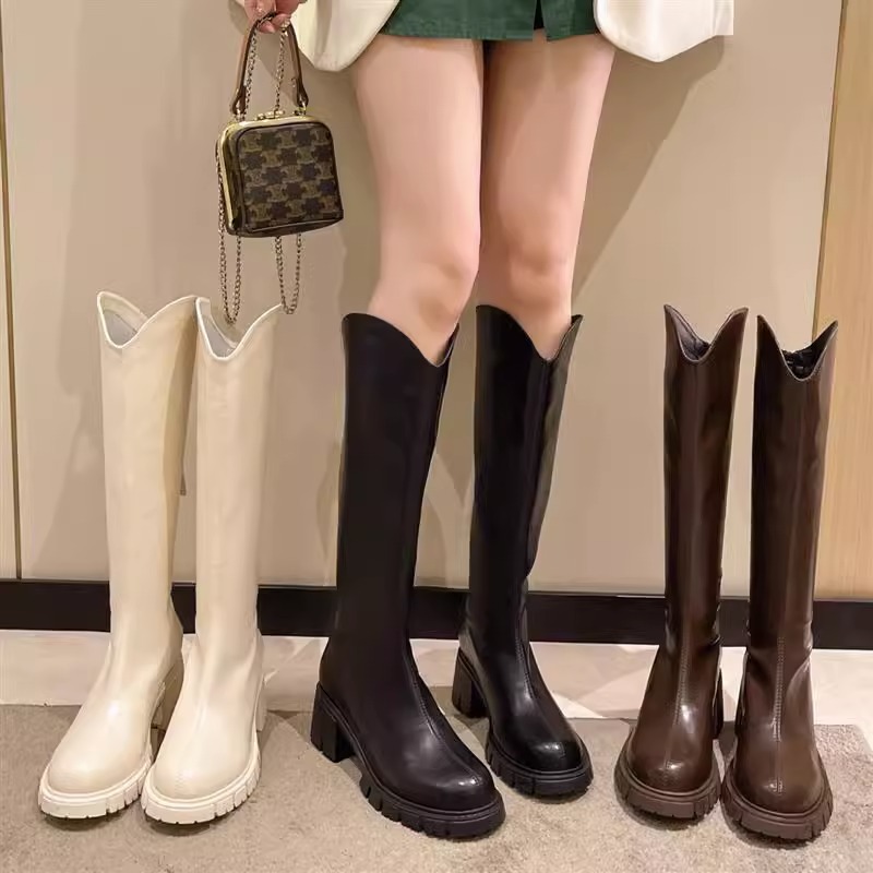 All-match small slim boots women's 2025 autumn and winter new round head V-mouth thick bottom net red knight boots