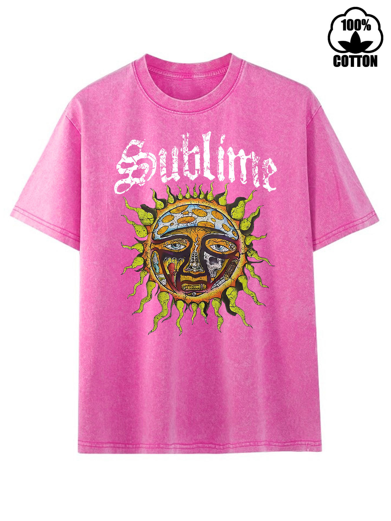 European and American Style Round Neck Fashionable Pure Cotton Washed Retro "Sun" Rock Band Graphic T-Shirt Loose Short-Sleeve