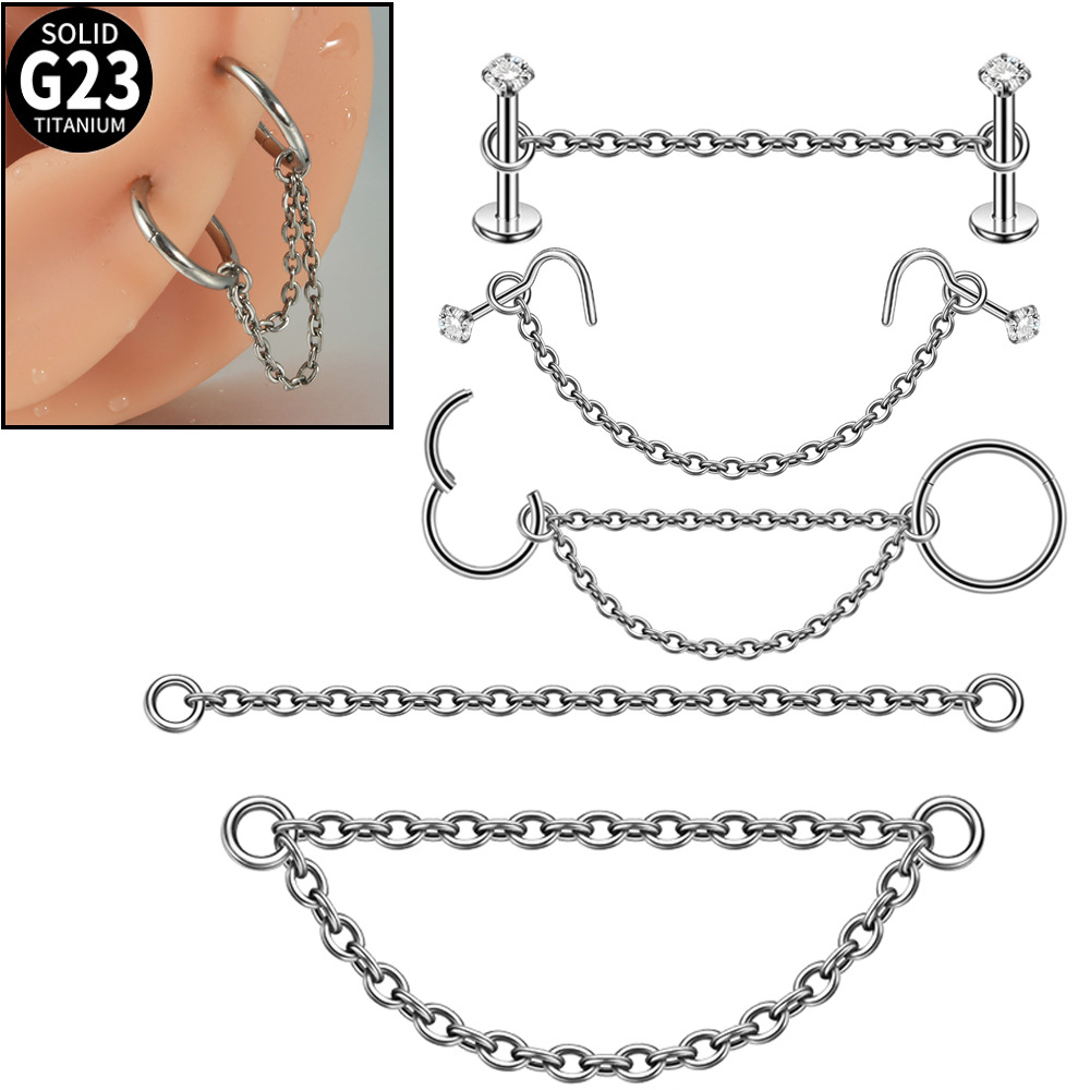 Cross-border G23 titanium hanging single chain nose nail double-layer chain internal teeth zircon split ring puncture universal accessories