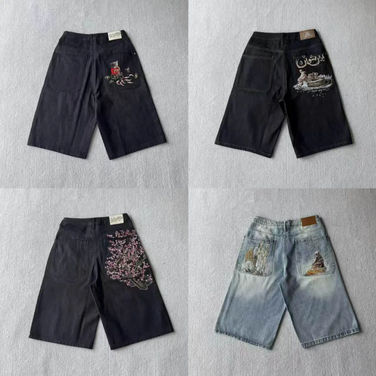 Derschutz American-Style Trendy Brand Carp and Cherry Blossom Embroidered Washed Denim Shorts for Summer, Loose and Versatile for Both Men and Women