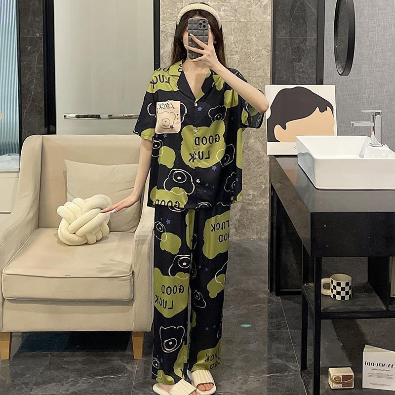 Factory Wholesale High-End Pajamas for Women Summer Pure Cotton Short-Sleeved Trousers Cartoon Cardigan Home Clothes Set Can Be Worn Outside
