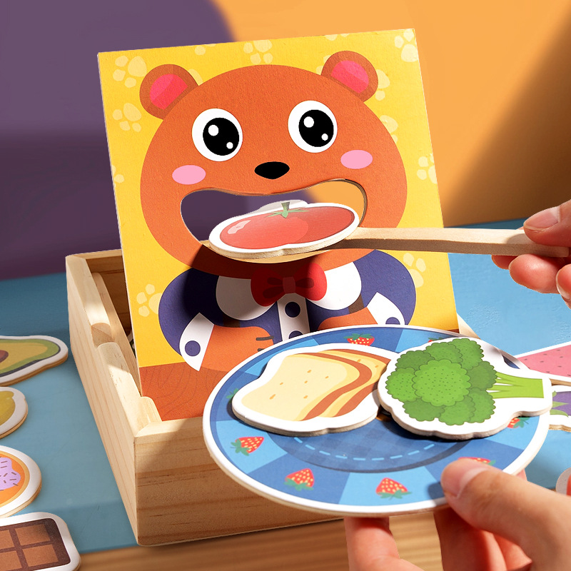Cross-border children's creative wooden box bear feeding game kindergarten baby complementary food eating training wooden toys