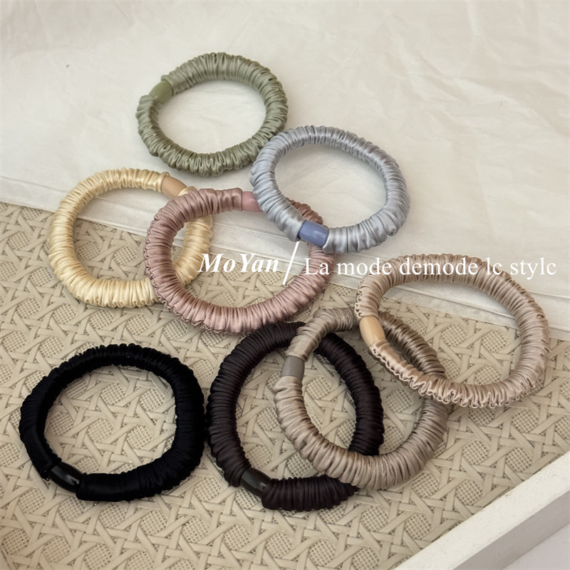 Korean Style High-End Pure Color Satin Pleated Small Intestine Hair Band Elegant High Elastic Ponytail Hair Rope Simple Headband Rubber Band