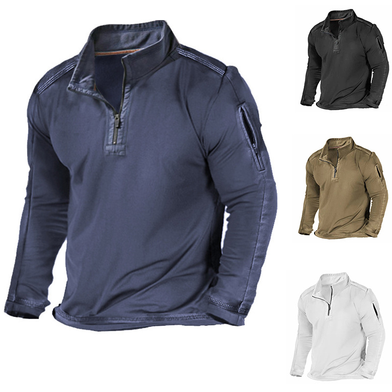 2024 Spring and Autumn European and American Men's Clothing Cross-Border Amazon Independent Station T-Shirt Outdoor Zipper Pocket Long Sleeve Sweatshirt