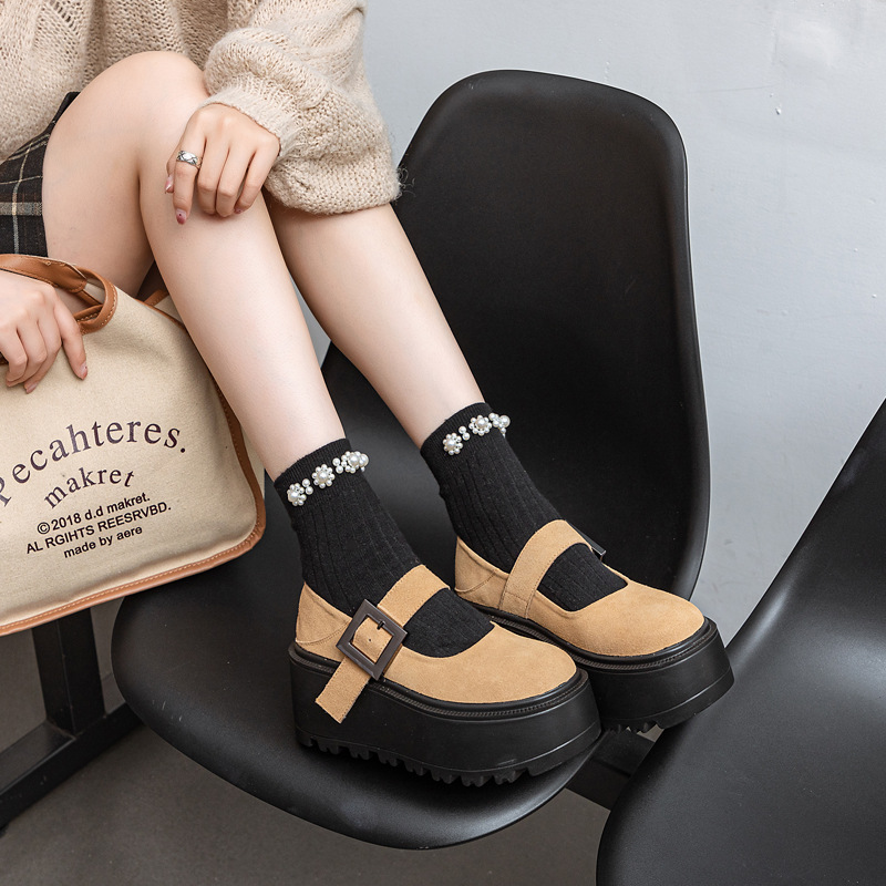2026 Spring and Autumn New Thick-Soled Mary Jane Women's Shoes Korean Style Fashion Solid Color Simple Round Toe Buckle Mid-Top Trendy