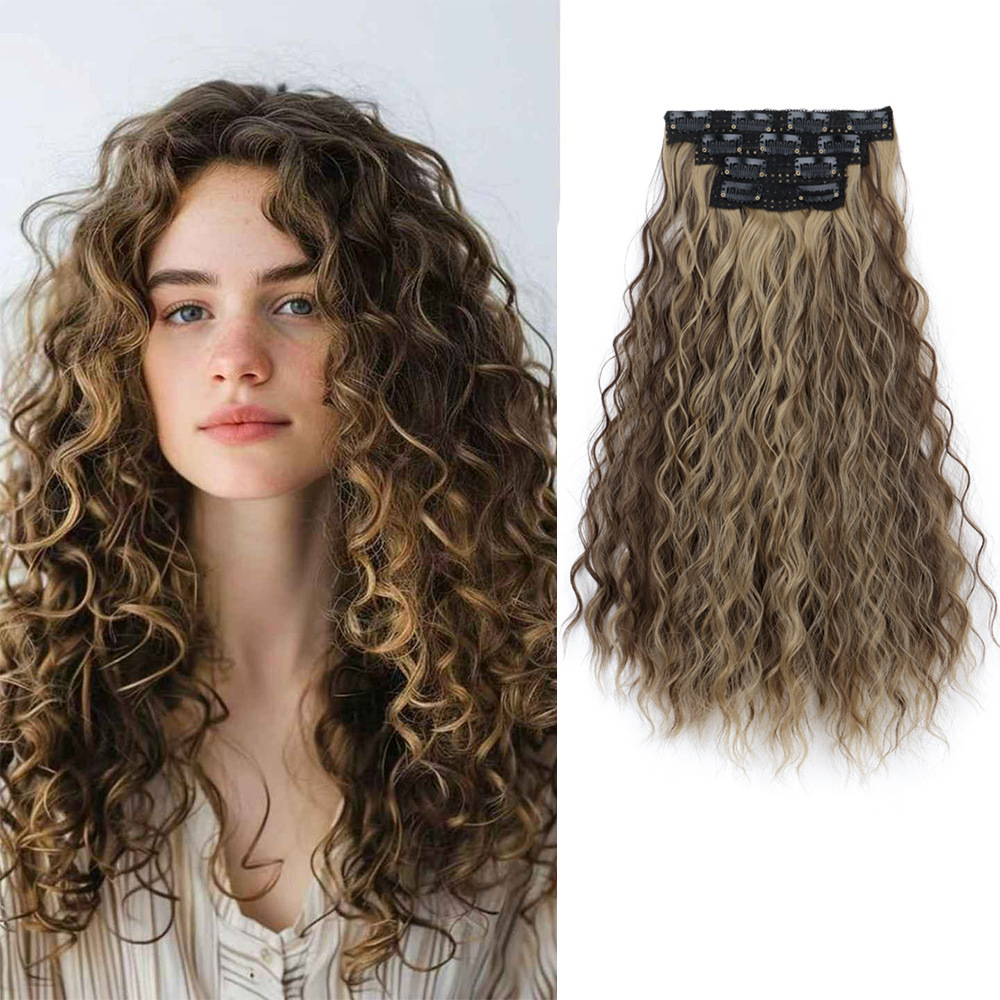 Cross-Border Foreign Trade 4-Piece Set of Clip-In Water Wave Hair Extensions, Long Curly Hair Water Wave Wavy Wholesale in Stock