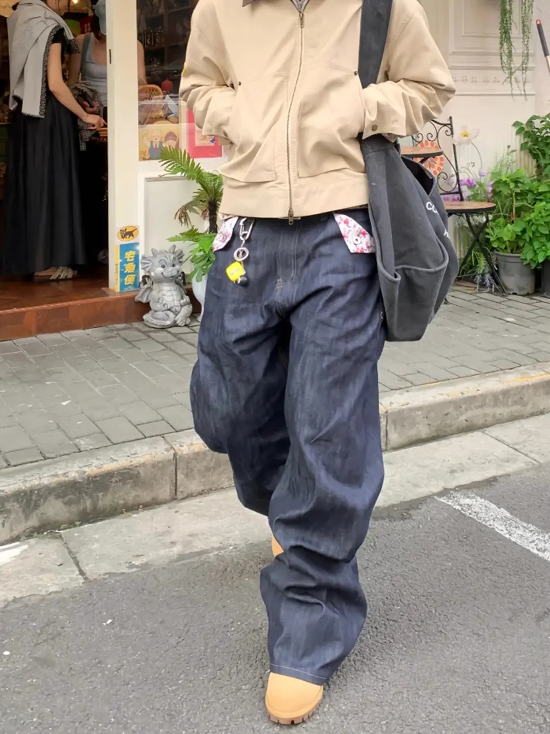 American Retro Floral Selvedge Patchwork Wide-Leg Jeans for Men, Autumn Design, Loose Straight-Leg Floor-Length Pants, Trendy