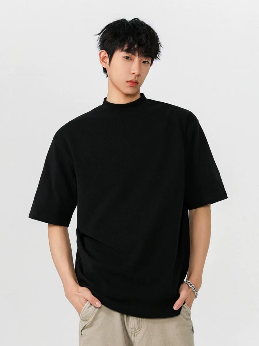 320G Bajia version small neckline high collar short sleeve T-shirt men's shoulder loose casual lovers ins Joker top
