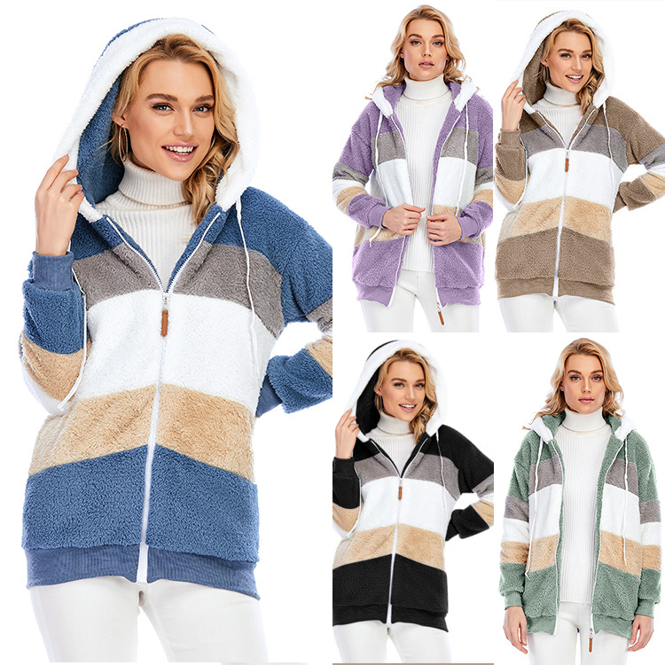 In Stock Wish Independent Platform 2024 Amazon Hot-Selling New Autumn and Winter Loose Plush Multi-Color Hooded Jacket for Women