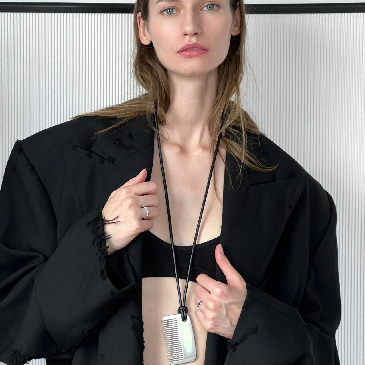 HABI Little Red Book Blogger recommend Silver brushed Texture Comb Pendant Leather Cord Necklace Exquisite High-end Pendant