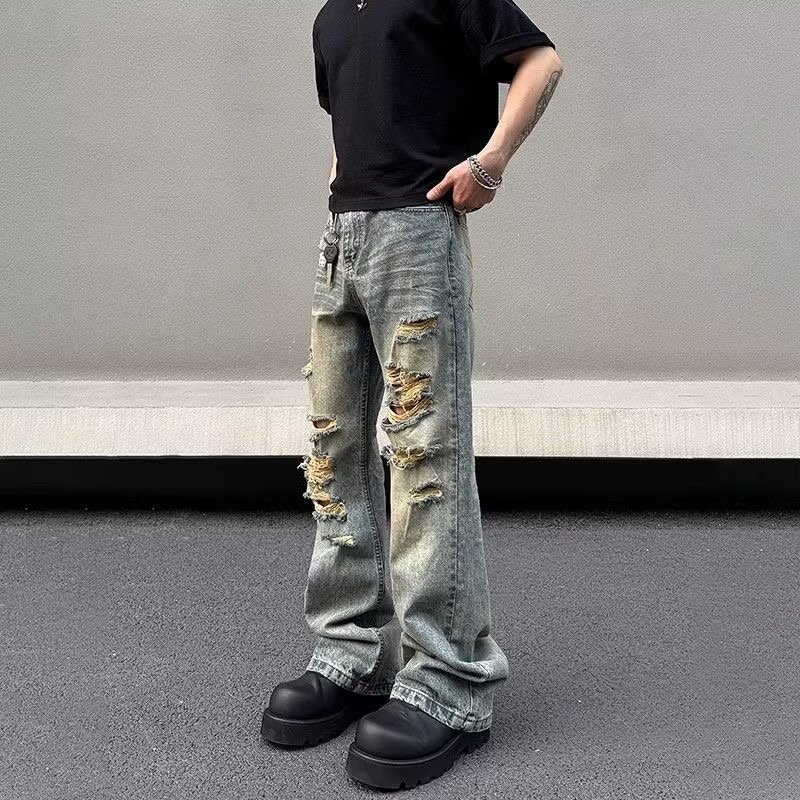 American High Street Retro Ripped Jeans for Men, Loose Straight-Leg Trendy Brand, Handsome and Slightly Flared Design, Beggar Long Pants