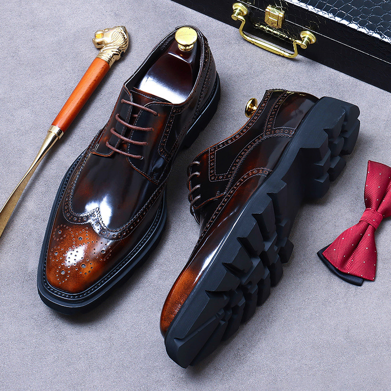 [Big Sale] British Business Leather Shoes Men's Formal Cowhide Thick-Soled Handmade Derby Shoes Shiny Breathable Wedding Shoes