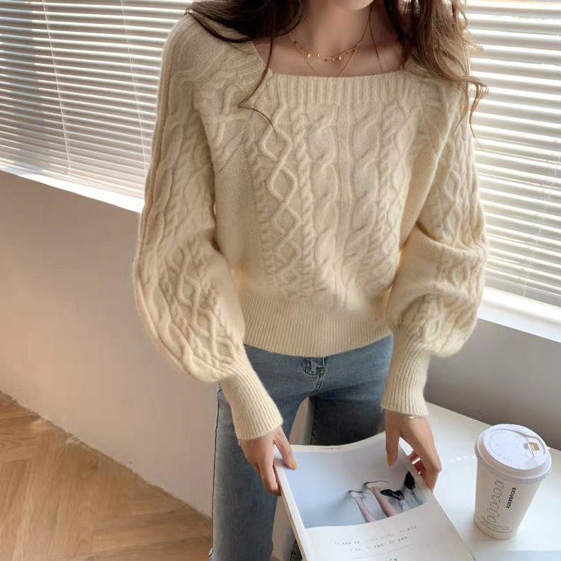 Autumn and Winter New Korean-style Loose Square Neck Sweater Women's Thickened Twist Slim Sweater