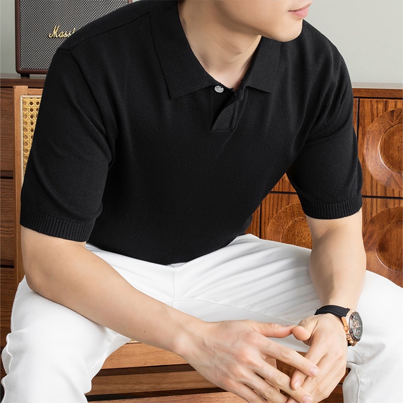Summer Men's Short-Sleeved Collared Knit T-Shirt, Old Money Style, Single Button, Cotton Blend, Light Business Casual Polo Shirt