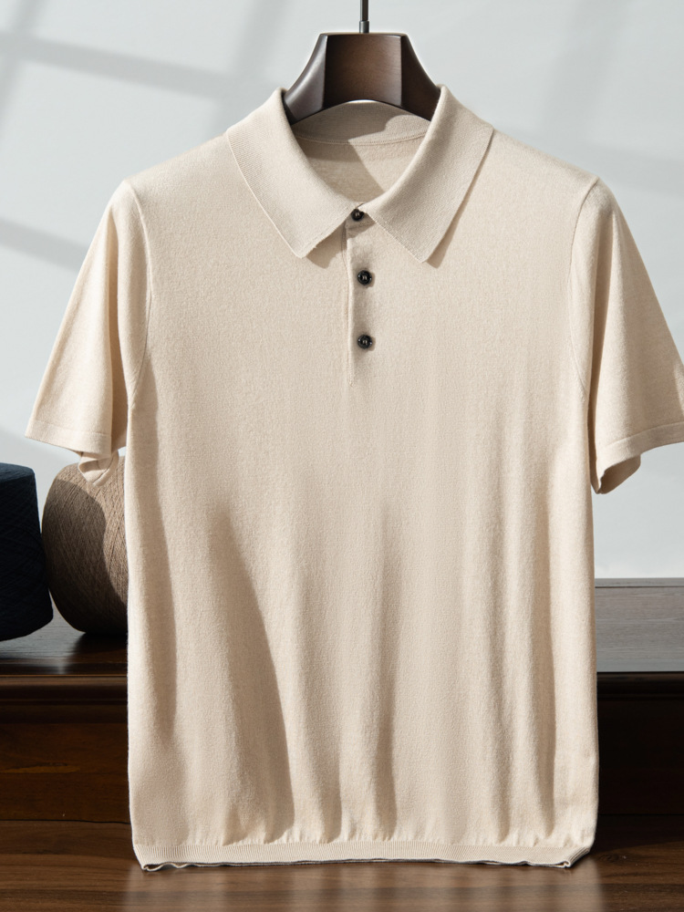 2025 Summer Thin 15% Cashmere 85% Mulberry Silk Short-Sleeved Worsted Polo Shirt T-Shirt Men's Half-Sleeved Bottoming Shirt