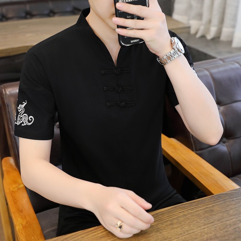Foreign trade wholesale summer new fashion men's embroidered plate buckle Chinese style short sleeve T-shirt men's new Chinese cross-border generation