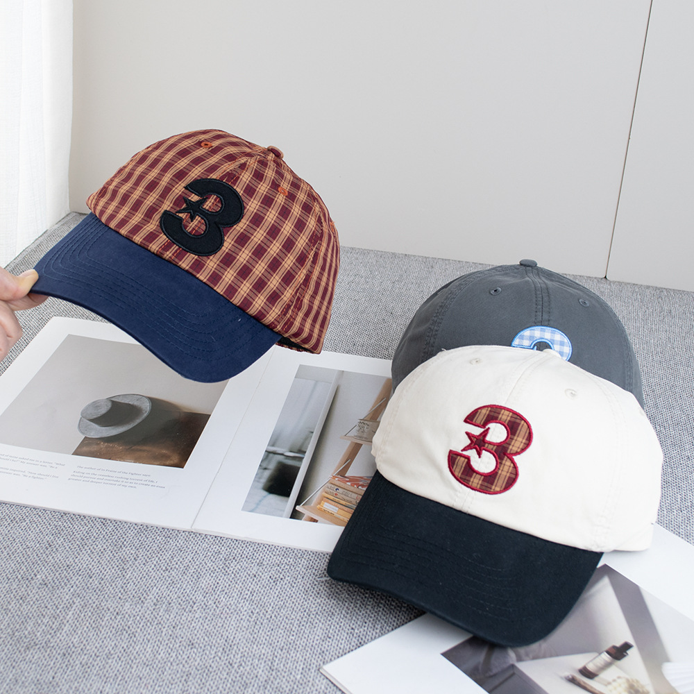 Korean Ig Blogger Style Plaid Number 3 Embroidered Baseball Cap for Women, Soft Top Couple's Cap, Deep Top That Makes the Face Look Smaller