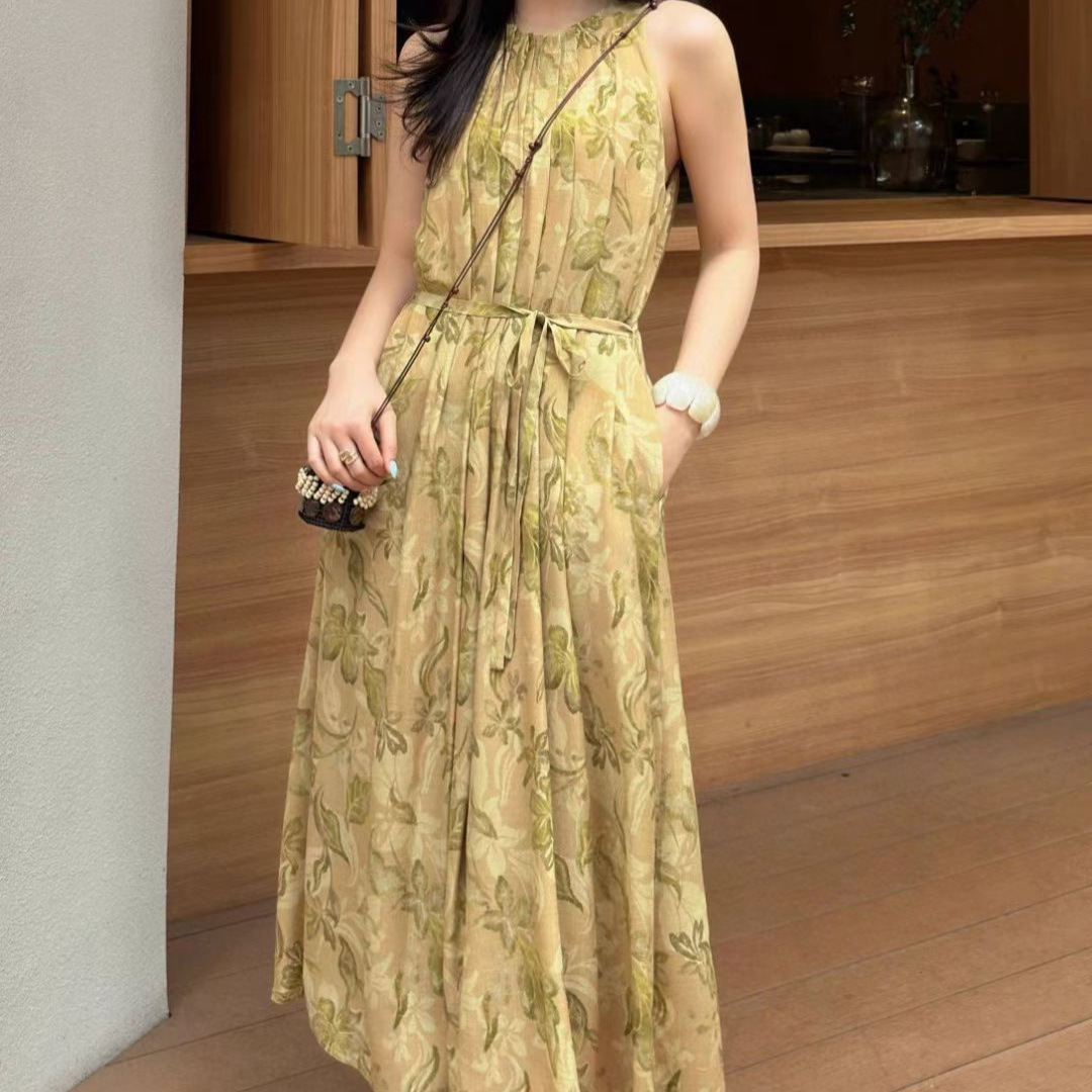 Nanyou 26 Spring/Summer Ramie French Retro Oil Painting Style Printed Strap Dress Loose Vacation Style Slimming Long Dress