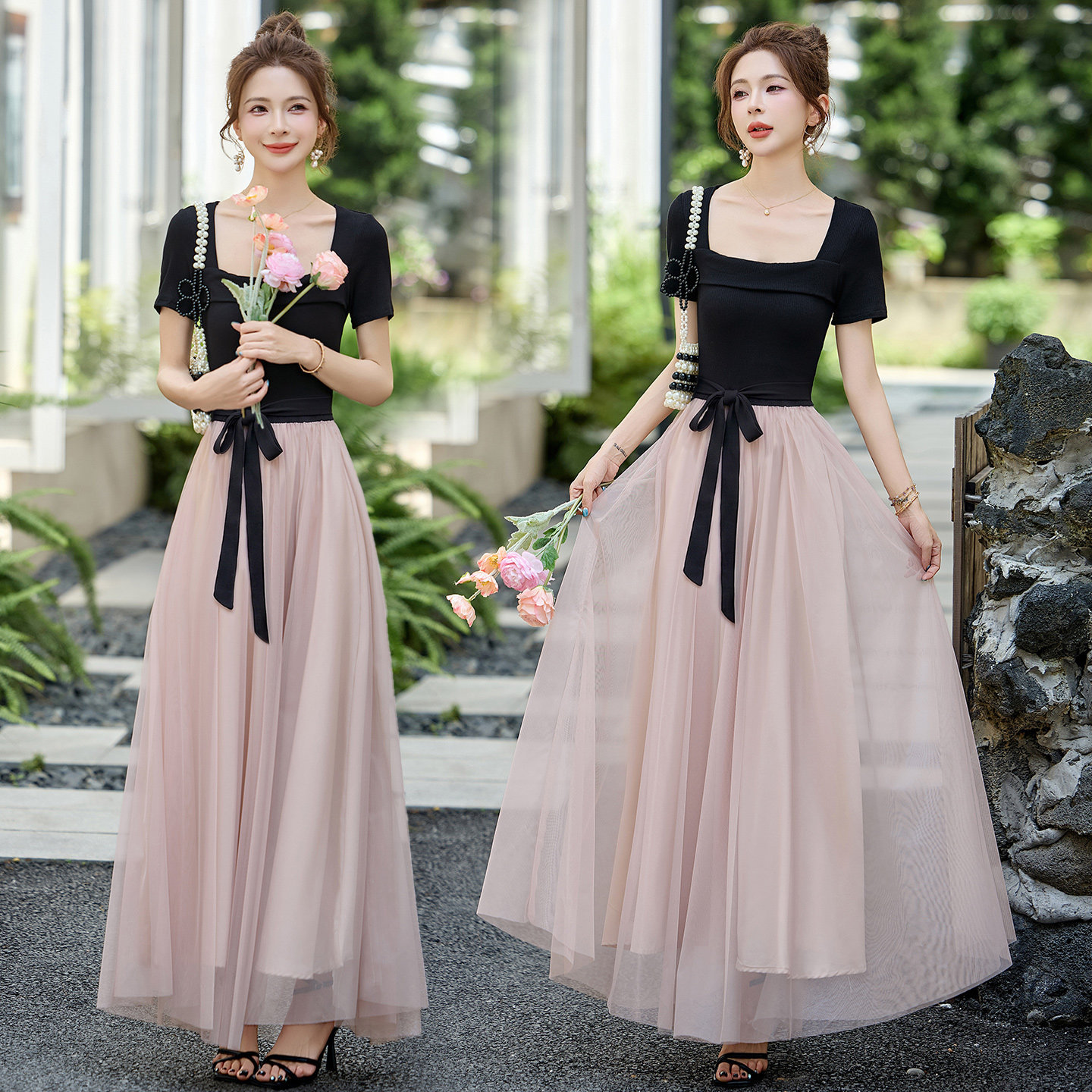 French-Style Gentle Style Contrasting Color Fake Two-Piece Dress for Women, Summer Tie-Waist Slimming Long Dress with Bow, Short Sleeves, Square Neck