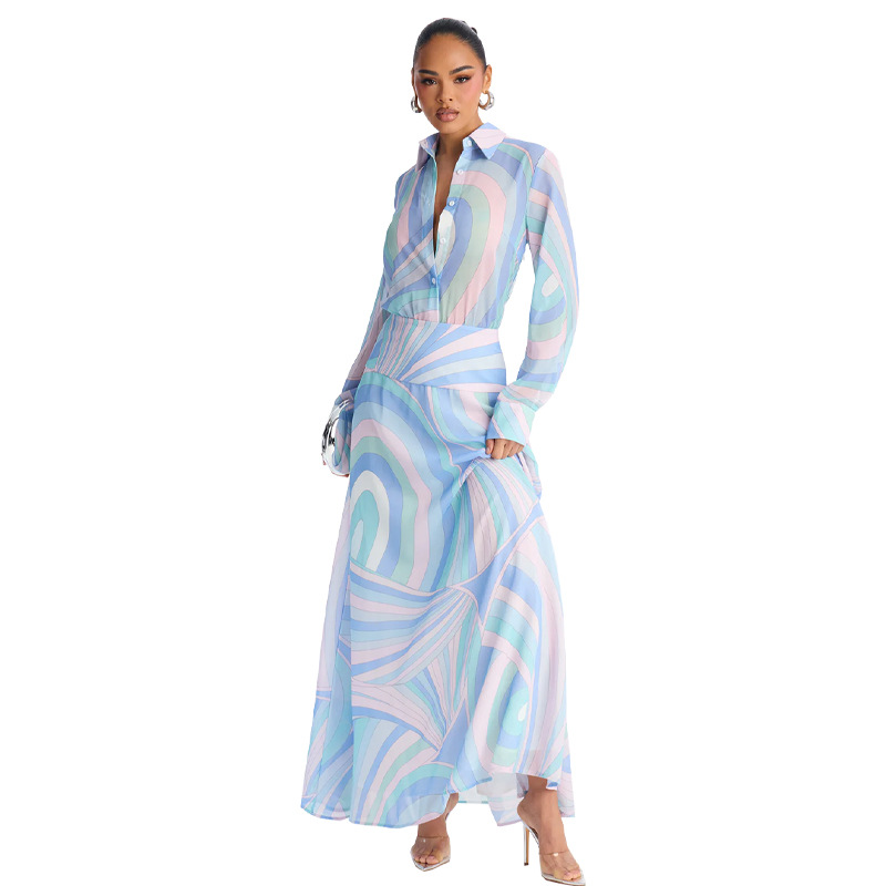 486 Foreign Trade Cross-Border Printed Lapel Long-Sleeve Shirt Waist-Cinching Slim-Fit Dress Casual Women's Long Dress Wholesale