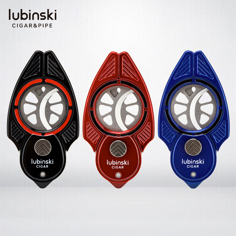 LUBINSKI Cigar scissors large diameter semi-automatic opening and closing stainless steel double blade flying knife-shaped Cigar scissors with leather case