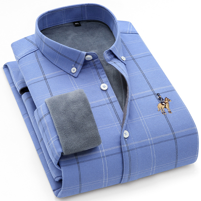 Winter men's fleece-lined thickened thermal shirt cotton Oxford plaid shirt one-piece velvet striped thermal top
