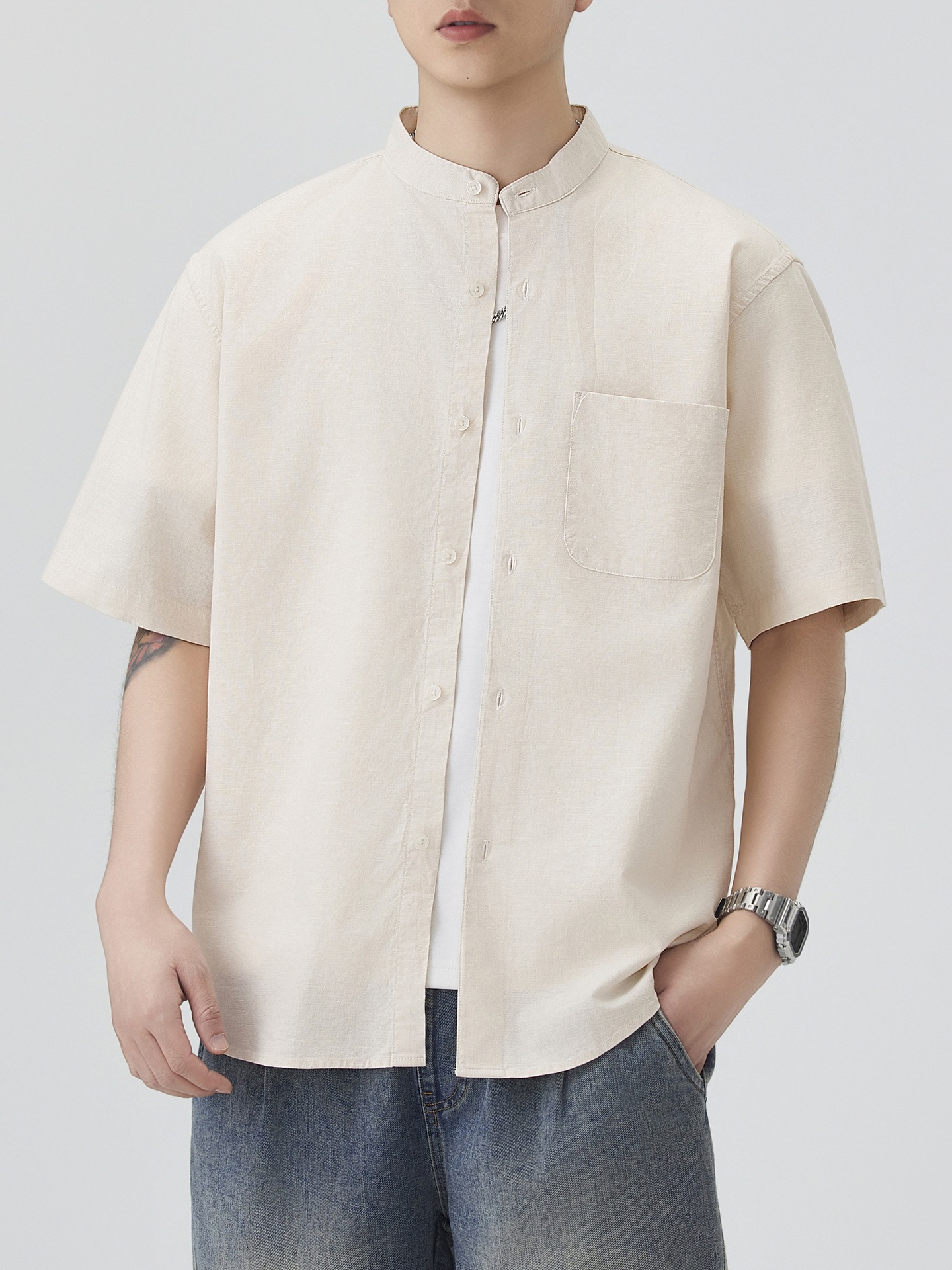 Jianheng Cotton and Linen Breathable Short-Sleeved Shirt for Men, Loose New Style Casual Shirt, Solid Color Henley Collar Shirt for Men