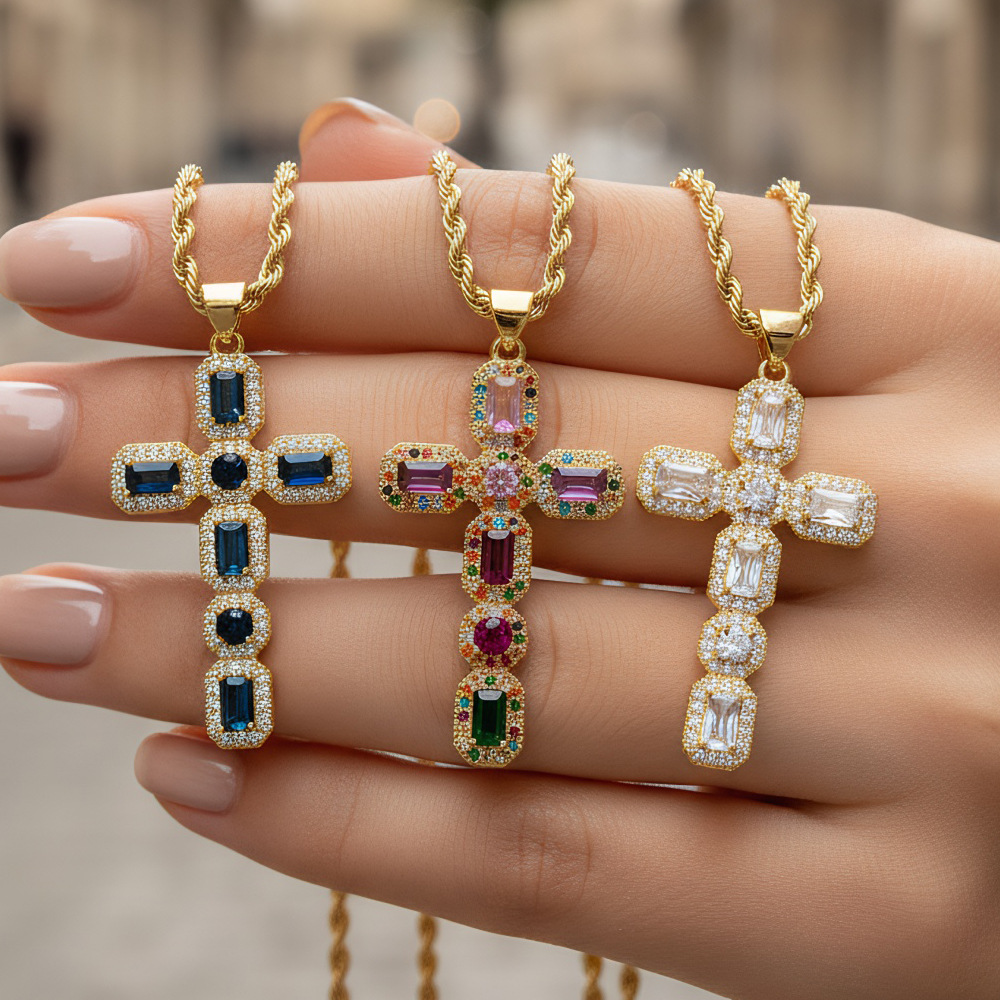 European and American personality hip-hop micro-inlaid colored zirconium cross necklace women's fashion trend plating 18K gold clavicle chain jewelry