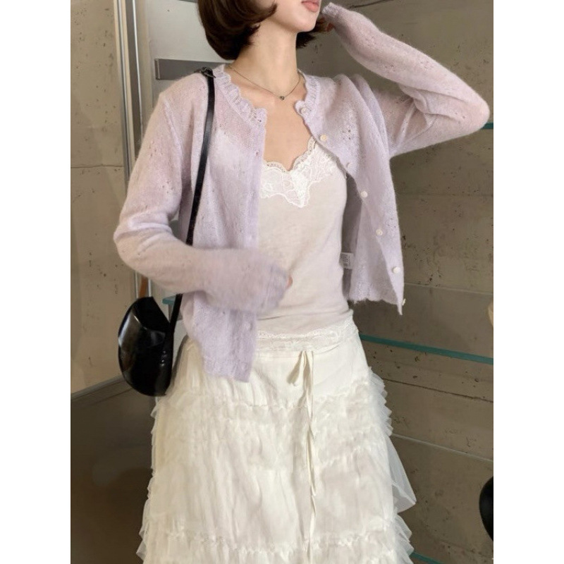 "4.4/Summer New Arrival" Xuan Xiao Jie Korean-Style Gentle and Sweet Hollow-Out Thin Knit Cardigan