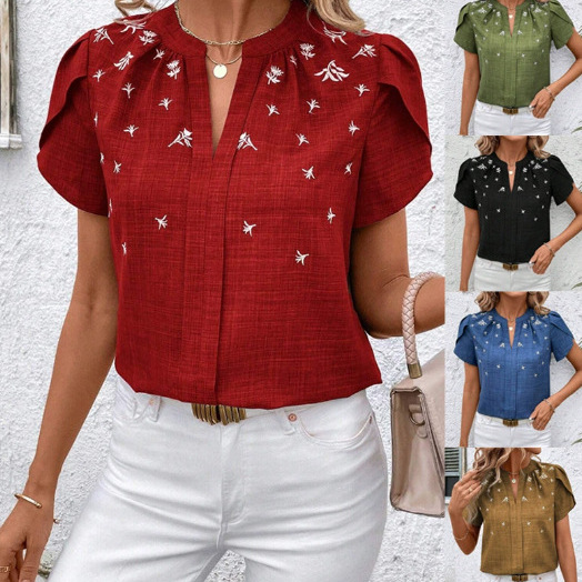 2026 Spring/Summer Cross-Border European and American Trade Half-Open Collar Short Sleeve Shoulder Ruched Pullover Solid Color Printed T-Shirt for Women