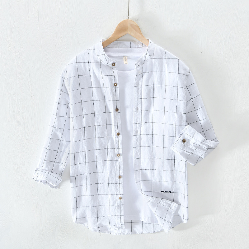 5141 Summer Ming Line Plaid Shirt Men's Casual Cotton Linen Thin Breathable Seven-point Sleeve Shirt Men's One-piece Hair