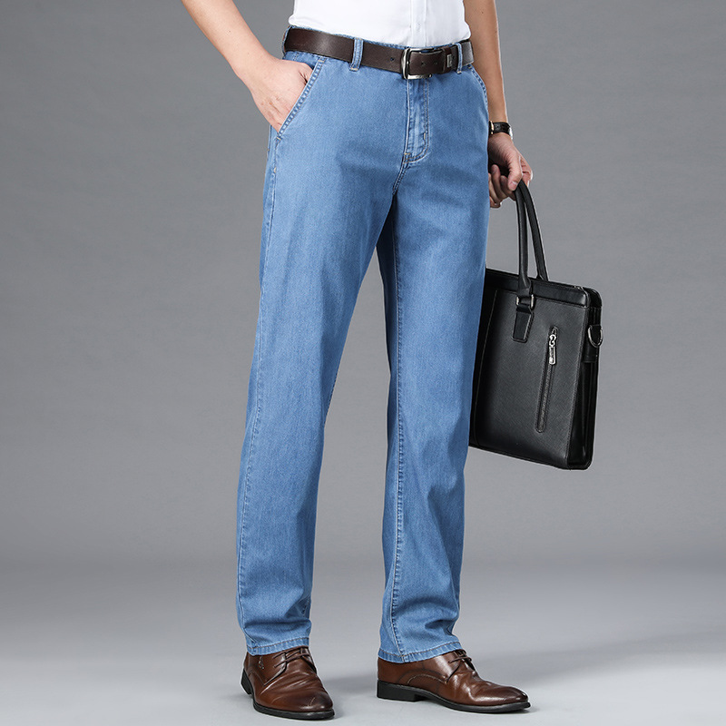 Summer Ultra-thin Ice Silk Jeans Men's Loose Straight High Elastic Thin Middle-aged Casual Breathable Long Pants