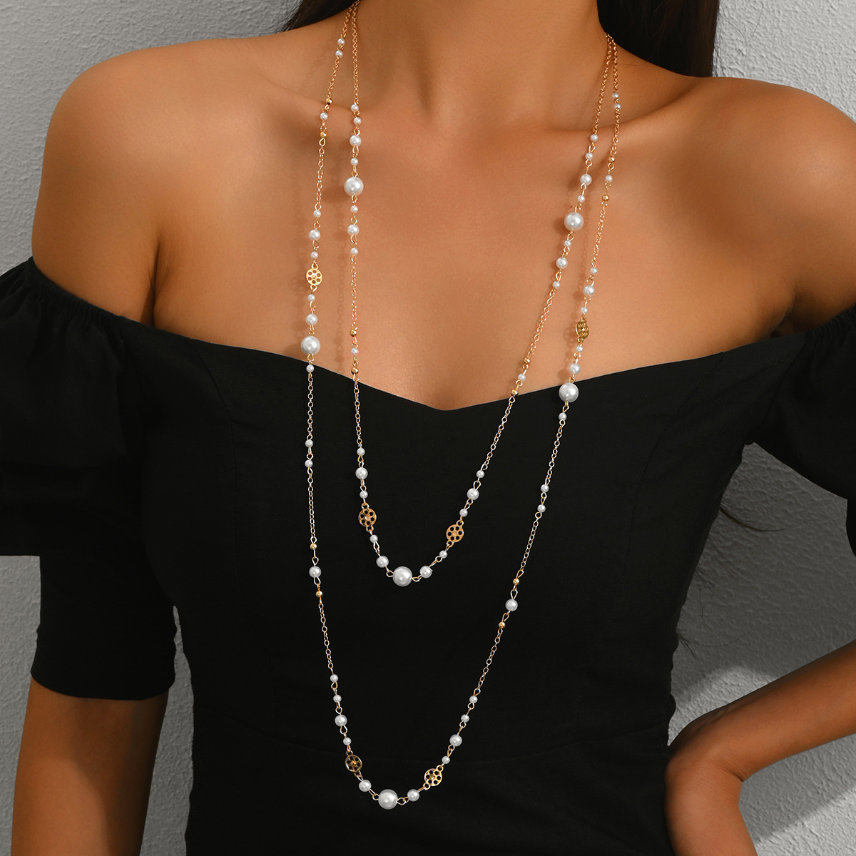 Temu Japanese and Korean Style Heavy-Duty Sweater Chain Fashion Layered Faux Pearl Ins Star-Shaped Tassel Long Necklace