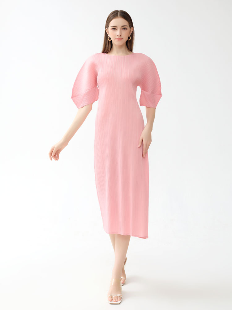 Foldable Sleeve Dress 2026 High-End Spring Solid Color Casual Round Neck Pleated Mid-Length Slim A-Line Dress for Women