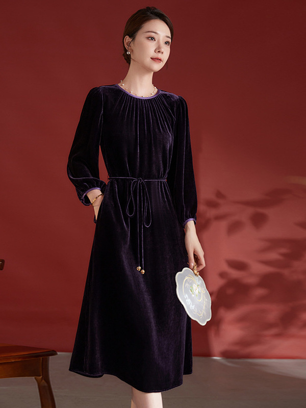 Light Luxury New Chinese Style Round Neck Silk Velvet Dress for Women 2026 Spring and Autumn New Model Mulberry Silk Velvet Long Dress for Middle-Aged Women