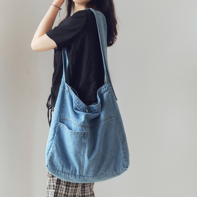 2026 New Japanese-Style Ins Denim Bag Large Capacity Canvas Crossbody Bag for Women Casual Student Class Shoulder Bag