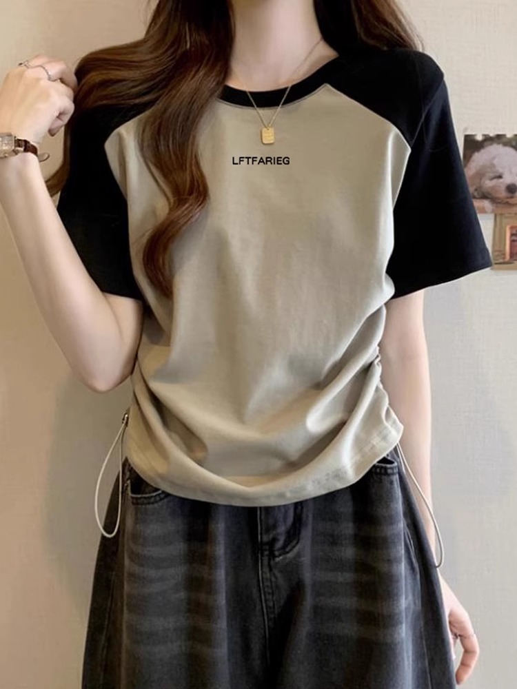 Right Shoulder Short-Sleeved T-Shirt for Women 2025 New Summer Design Niche Waist Drawstring Slim Raglan Short Top