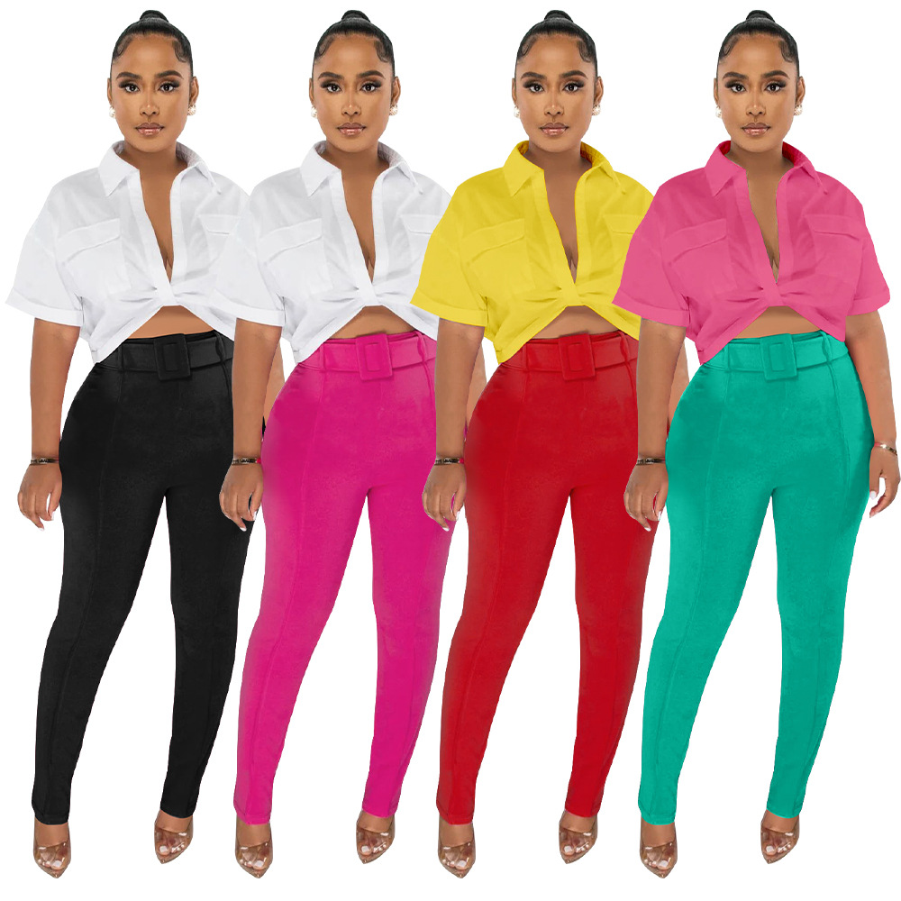 K10447 European and American Fashion Women's 2023 Amazon New Shirt Pants Set with Belt Contrast Color Two-piece Set